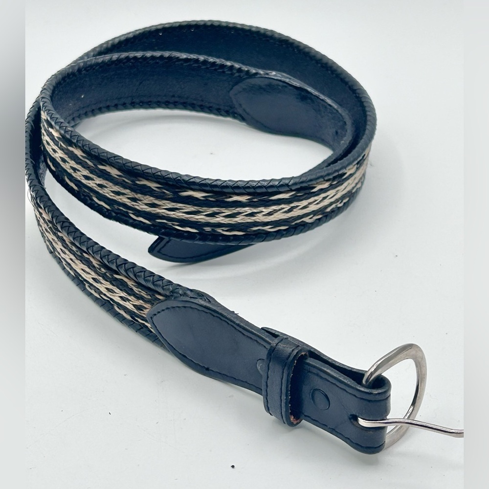 Vintage MNR Western Leather Belt With Braided Accent Black Beige Size 40 Mexico